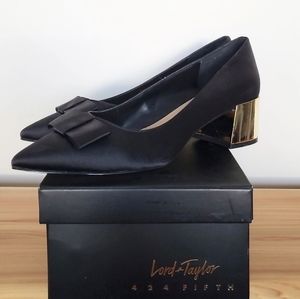 Lord and Taylor 424 Fifth Darcy Black Satin Heels. Brand New in Box, Size 8.